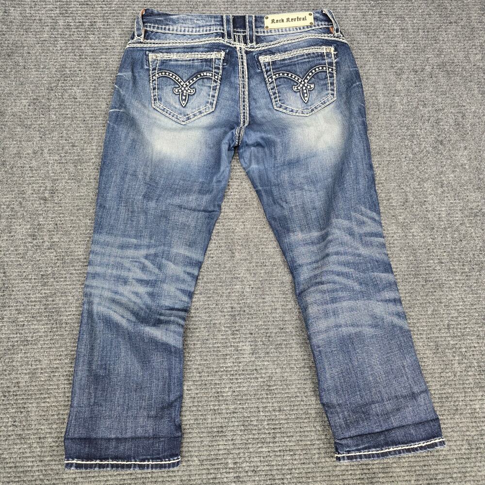 Rock Revival Becky Easy Capri Jeans Womens 29 32x24 Blue Rhinestone Thick Stitch